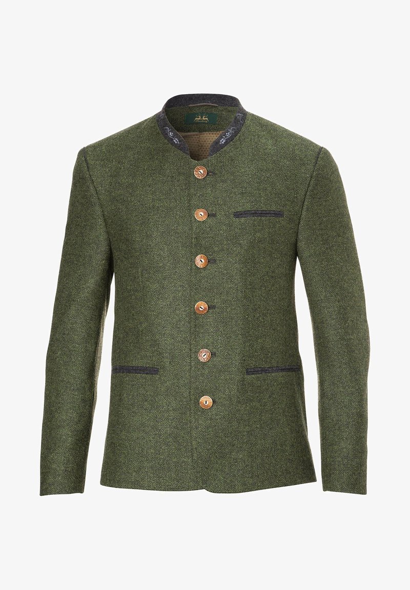 Green wool blazer with a herringbone pattern, round collar, six wooden buttons, and two side pockets with blue accents.