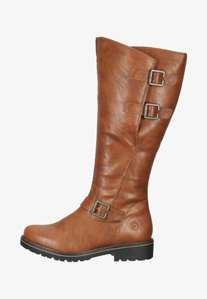 Braune Lederstiefel bis zum Knie mit zwei Metall-Schnallen, runder Zehenpartie, strukturiertem Finish und einer Gummisohle mit leichtem Absatz.