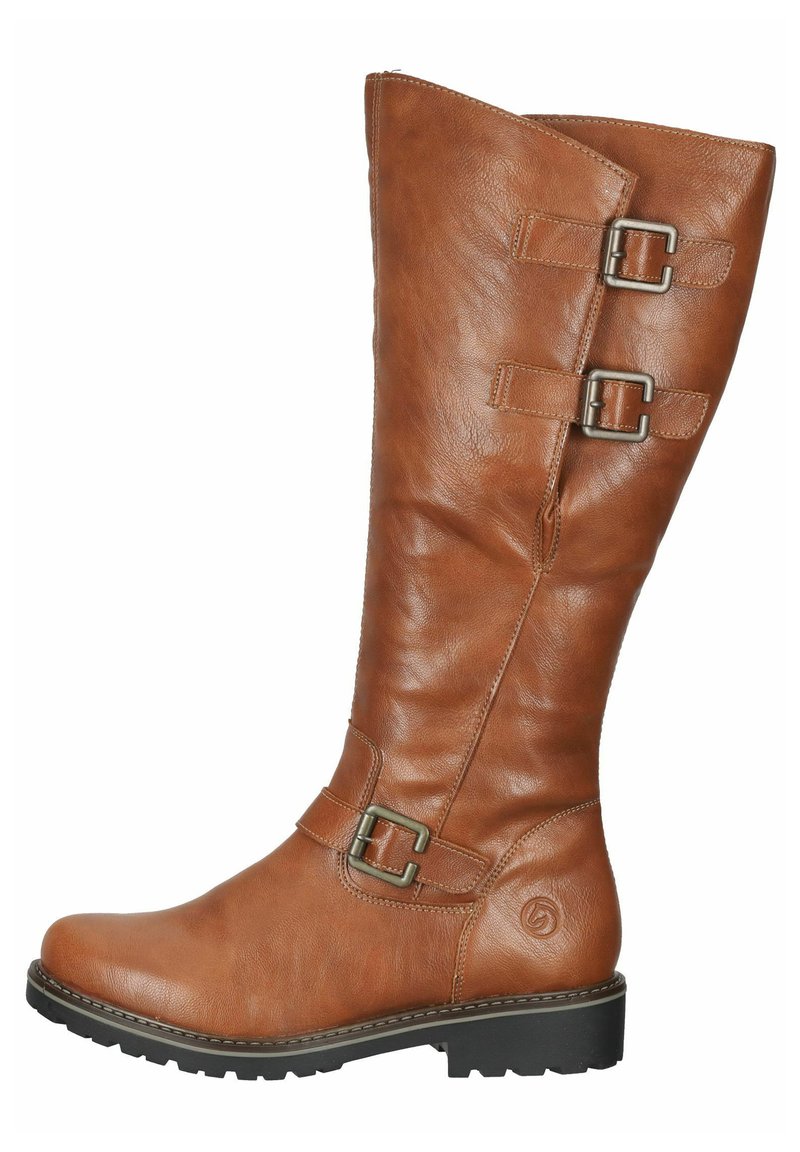 Botte en cuir brun montant jusqu'au genou avec deux boucles en métal, bout rond, finition texturée et semelle en caoutchouc avec un léger talon.
