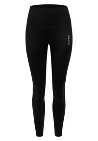 Black athletic leggings with a high waistband, smooth texture, and contrasting white logo on the side. Fitted design with ankle-length cut.