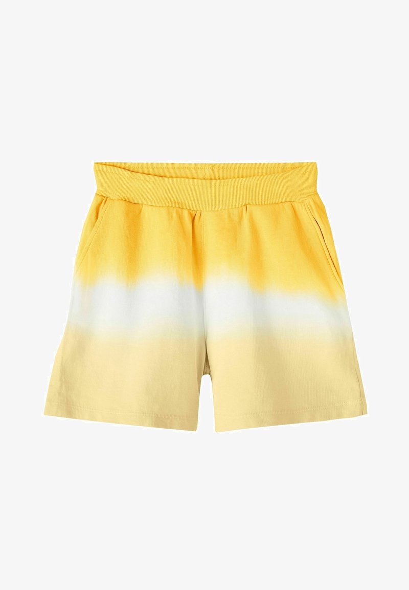 Shorts en coton à dégradé jaune et blanc avec taille élastique et poches latérales, conçus pour un port décontracté.