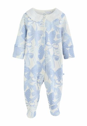 Světle modrý overal s bílým krajkovým límečkem, zdobený květinovým vzorem se stužkami a puntíky. Vyroben z měkké látky, má dlouhé rukávy a zapínání na knoflíky.
