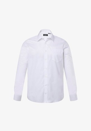 Chemise blanche à manches longues avec boutonnière, col, poche poitrine unique et texture de tissu lisse.