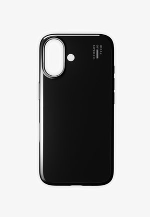 Funda para smartphone negra con un acabado brillante, que cuenta con un recorte para la cámara y texto grabado. La forma es rectangular con bordes redondeados.