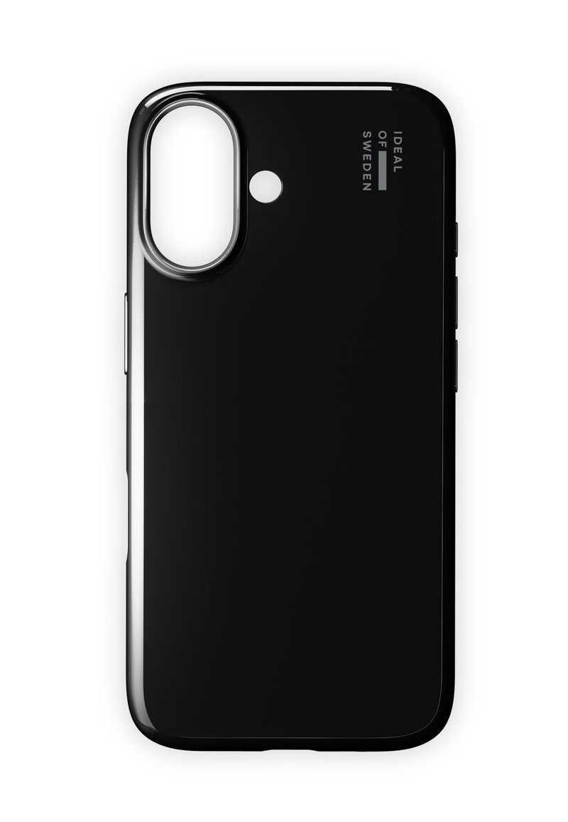 Svart smarttelefondeksel med blank overflate, med utskjæring for kameraet og inngravert tekst. Formen er rektangulær med avrundede kanter.