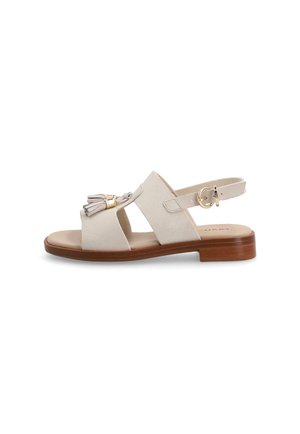 Sandalo beige open-toe con due ampie fasce, cinturino alla caviglia con fibbia dorata, decorazione con nappe e tacco basso in legno a blocco.