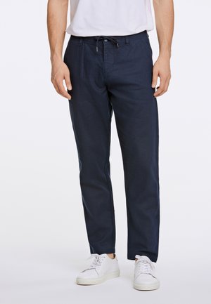 Marineblauwe casual broeken van lichtgewicht stof met een elastische tailleband met trekkoord, voorzien van zijzakken en een rechte pasvorm.