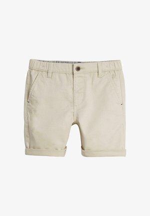 Beige Baumwollshorts mit umgeschlagenen Säumen, Fronttaschen und einem Knopfverschluss. Angenehme Textur, lässiges Design, ideal für warmes Wetter.