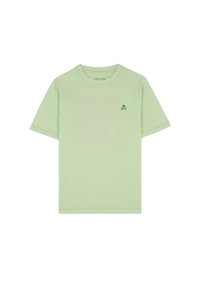 Lichtgroene t-shirt met korte mouwen, voorzien van een kleine groene schedelgrafiek op de linkerborst, gemaakt van zachte, gladde katoen.