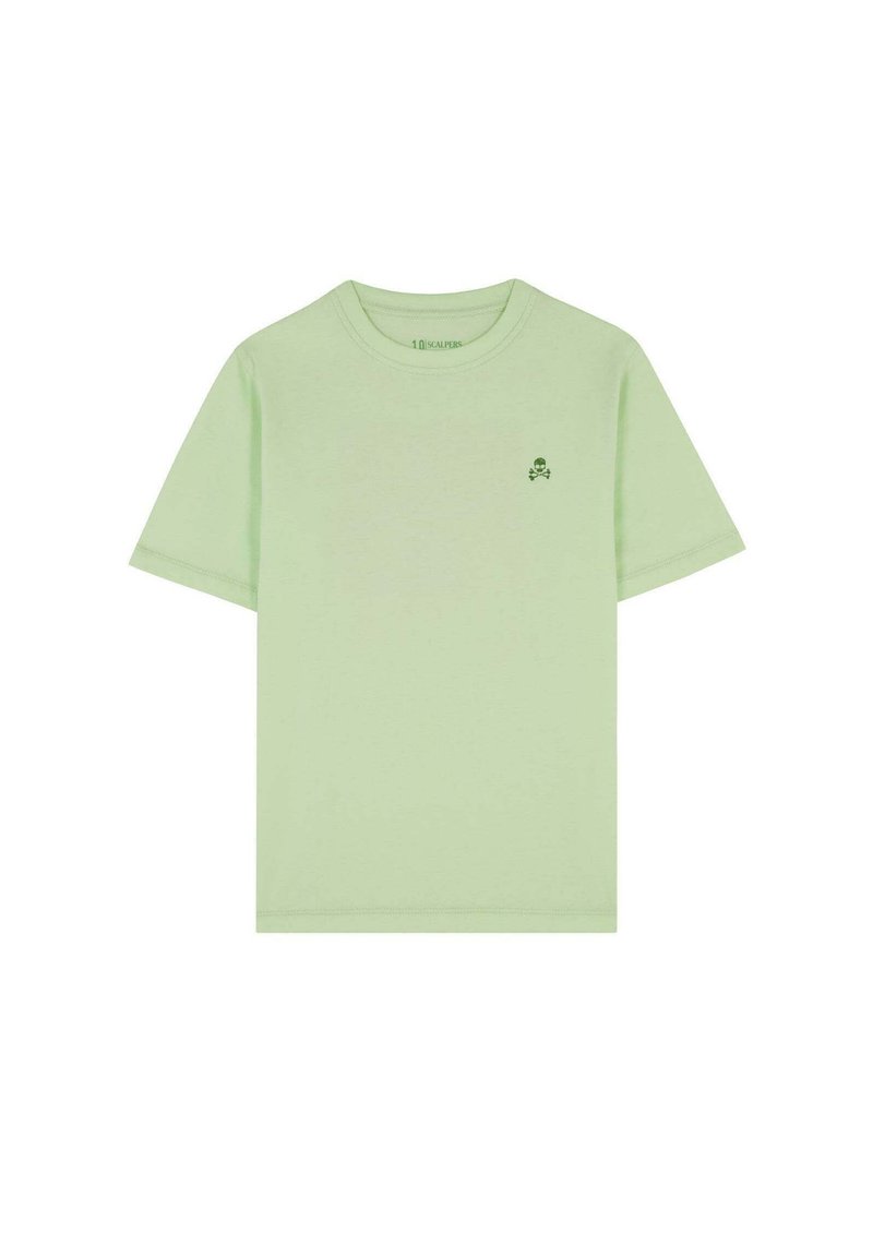 Lichtgroene t-shirt met korte mouwen, voorzien van een kleine groene schedelgrafiek op de linkerborst, gemaakt van zachte, gladde katoen.