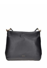 Borsa a mano in pelle nera con una morbida texture, forma rettangolare, dettagli in metallo dorato e un sottile logo dorato sul davanti.