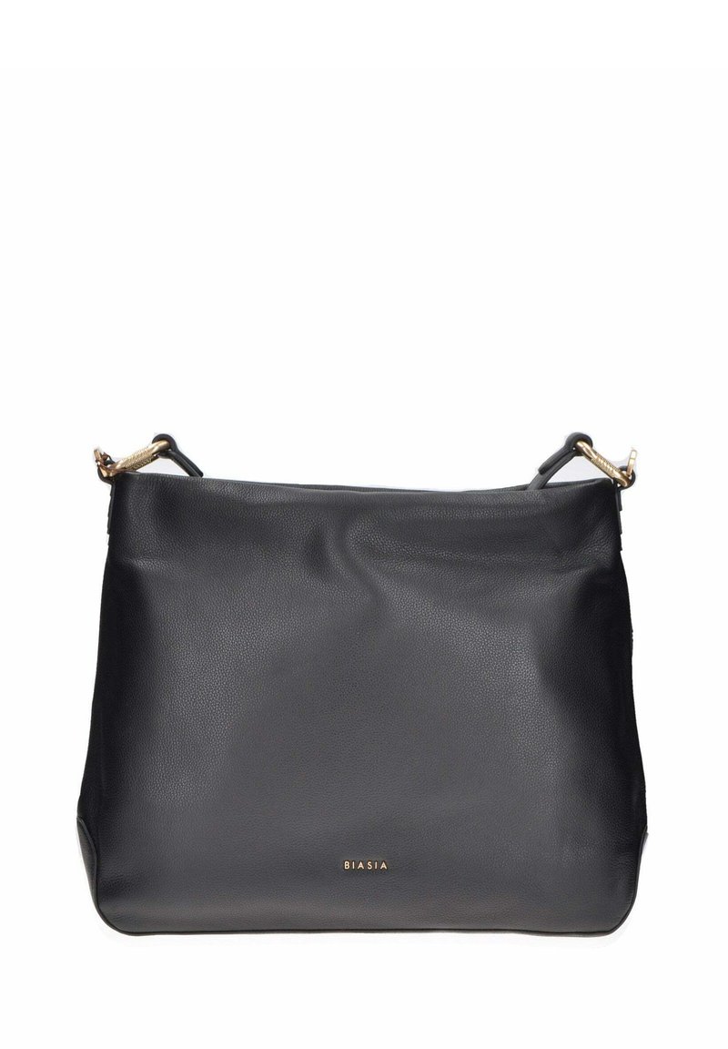 Borsa a mano in pelle nera con una morbida texture, forma rettangolare, dettagli in metallo dorato e un sottile logo dorato sul davanti.