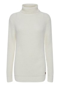Cream-colored knit sweater with a high neck and long sleeves. Features a textured pattern and ribbed cuffs and hem. Small logo at the hem.