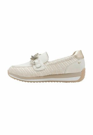 White shoe with woven texture and a smooth leather toe cap. Features a decorative bow and a beige, textured sole with grip.