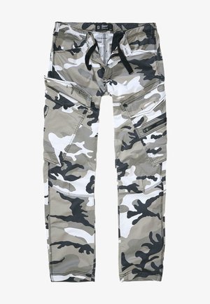 Pelēkas, baltas un melnas kamuflāžas cargo bikses ar daudziem kabatām, pastiprinātu šuvju un regulējamu jostasvieta drošai piegulšanai.