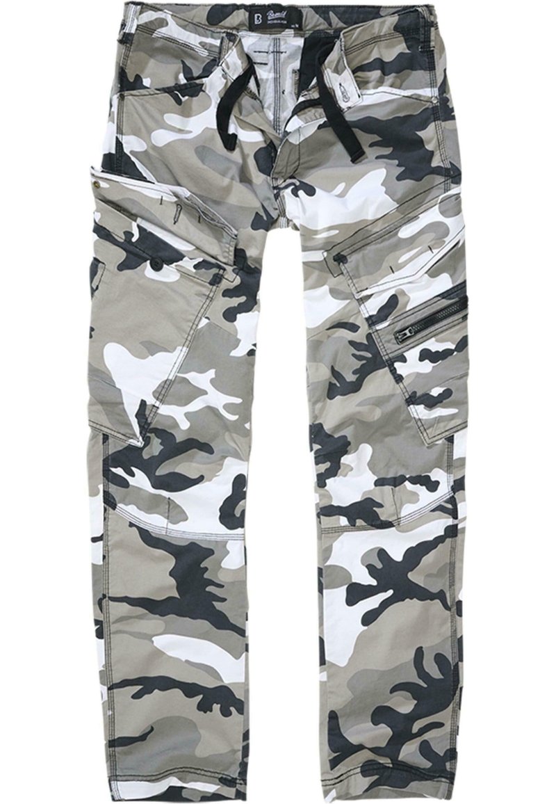Pantalons cargo camouflage en gris, blanc et noir avec plusieurs poches, couture renforcée et taille ajustable pour un maintien sécurisé.