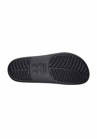 Suola di scarpa in gomma nera con scanalature texturizzate per aderenza, con marcature di dimensioni 9 e 11, e il marchio "Crocs" in bella vista.
