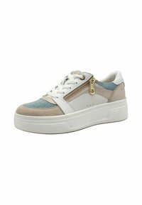 Sneaker con una combinazione di colori blu, beige e bianco; presenta una cerniera laterale, un design con lacci, materiali in suede e pelle liscia, e una suola spessa.