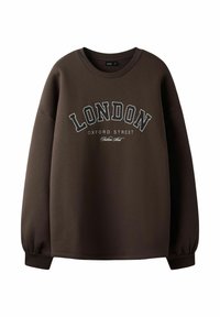 Brun sweatshirt med rund halsudskæring og lange ærmer. Forsiden har teksten "LONDON OXFORD STREET" i hvid.