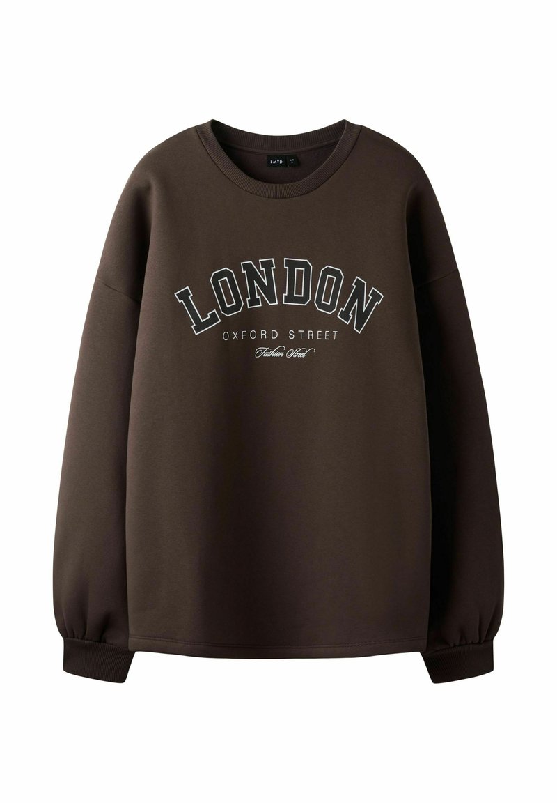 Brun sweatshirt med rund halsudskæring og lange ærmer. Forsiden har teksten "LONDON OXFORD STREET" i hvid.