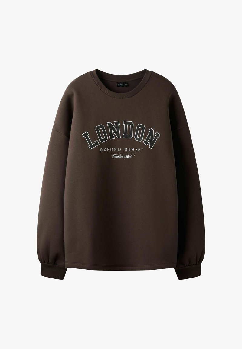Brun sweatshirt med rund halsudskæring og lange ærmer. Forsiden har teksten "LONDON OXFORD STREET" i hvid.