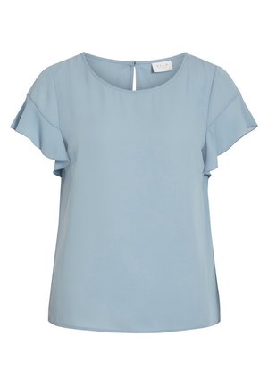 Blouse bleu clair à manches courtes avec manches volantées et un col rond avec une petite fermeture à bouton dans le dos.