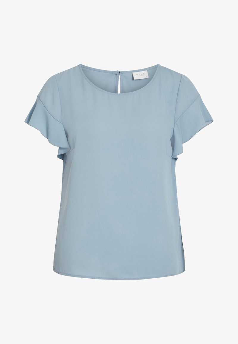 Blouse bleu clair à manches courtes avec manches volantées et un col rond avec une petite fermeture à bouton dans le dos.