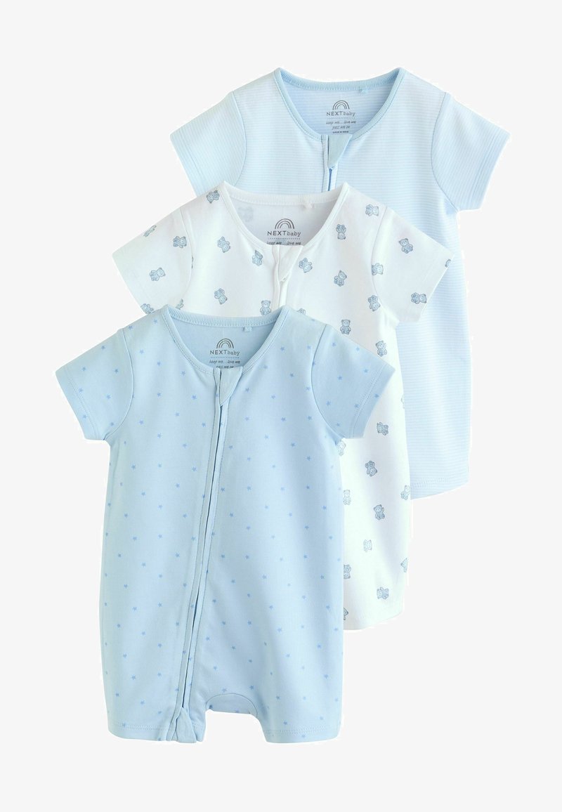 Three baby bodysuits in light blue tones. Features short sleeves, zip closures, one with teddy bear print, and another with star pattern.