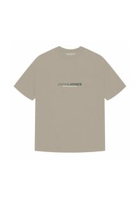 Beige Baumwoll-T-Shirt mit kurzen Ärmeln und Rundhalsausschnitt. Auf der Vorderseite befindet sich ein schwarzes und grünes Logo. Glatte Textur.