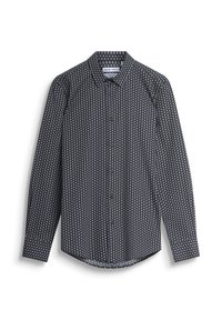 Camicia a maniche lunghe nera con un motivo circolare bianco, chiusura con bottoni e colletto classico. Realizzata in tessuto leggero.