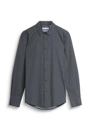 Langarmshirt in zwart met een wit circulair patroon, knoopsluiting aan de voorkant en een klassieke kraag. Gemaakt van lichtgewicht stof.