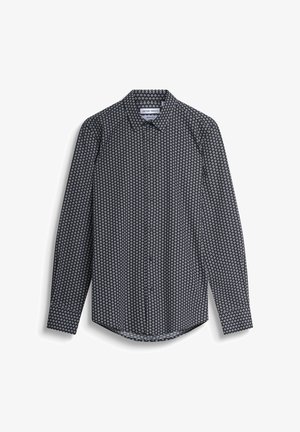 Camicia a maniche lunghe nera con un motivo circolare bianco, chiusura con bottoni e colletto classico. Realizzata in tessuto leggero.