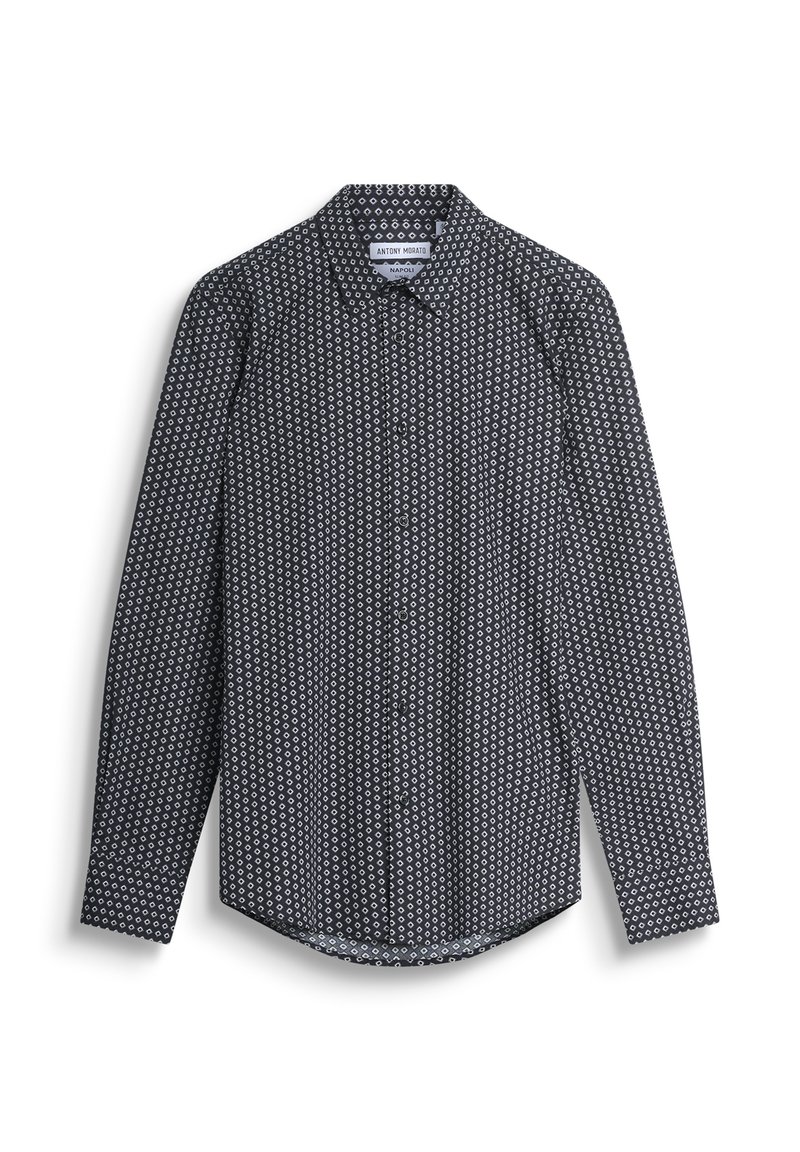 Camicia a maniche lunghe nera con un motivo circolare bianco, chiusura con bottoni e colletto classico. Realizzata in tessuto leggero.