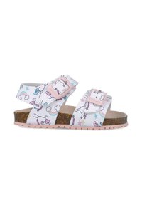 Sandalias blancas con patrones de unicornio y arcoíris, hebillas ajustables rosas, plantilla de corcho y suela de goma texturizada.