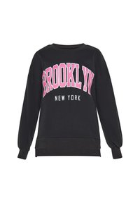 Svart sweatshirt med långa ärmar, med djärv rosa och vit "BROOKLYN NEW YORK" tryck. Slät tyg och avslappnad passform.