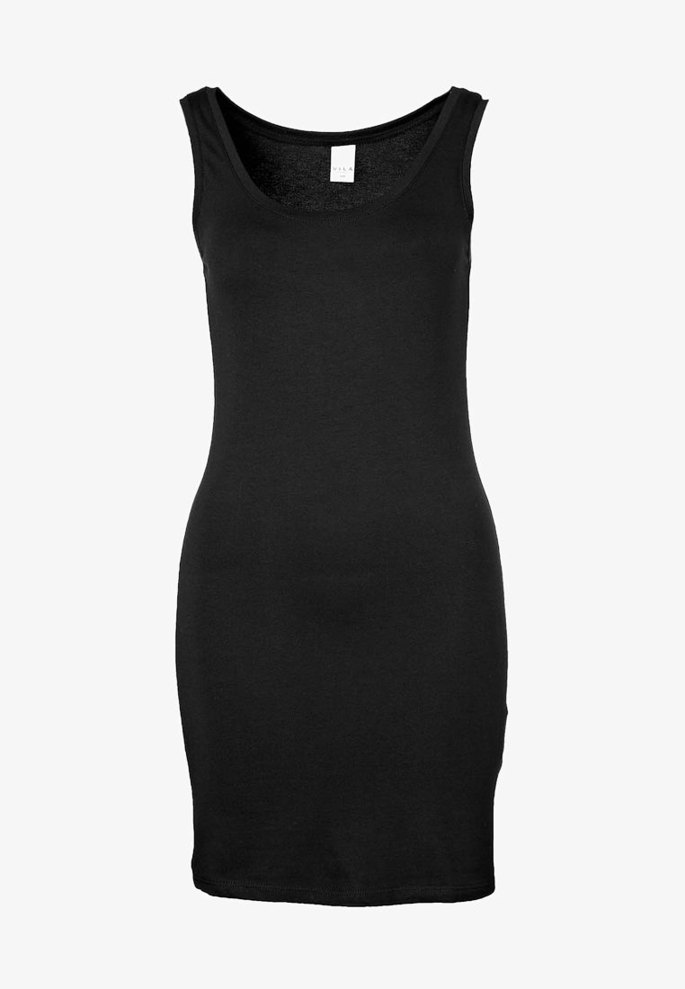 Robe noire sans manches moulante avec un col rond et un design uni sur fond blanc.
