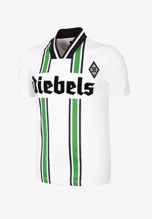 White football jersey with green and black vertical stripes, a V-neck collar, and the text "Diebels" in bold, black letters. Features a logo on the chest.