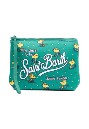 Zielona saszetka na zamek z kreskówkowymi ptakami o tematyce tenisowej, tekstem "The place to be Saint Barth Summer Paradise" oraz żółtymi piłkami tenisowymi rozsypanymi na niej.