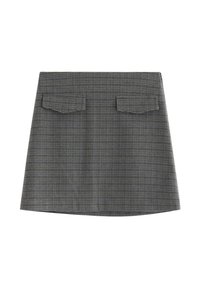 Gråternet nederdel med en struktureret design, der har to firkantede lommer bagpå og en glat tekstur.