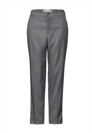 Pantaloni grigi su misura con una texture liscia, dotati di chiusura con bottone, passanti per cintura e pieghe frontali. Lunghezza cropped, progettati per un look aderente.