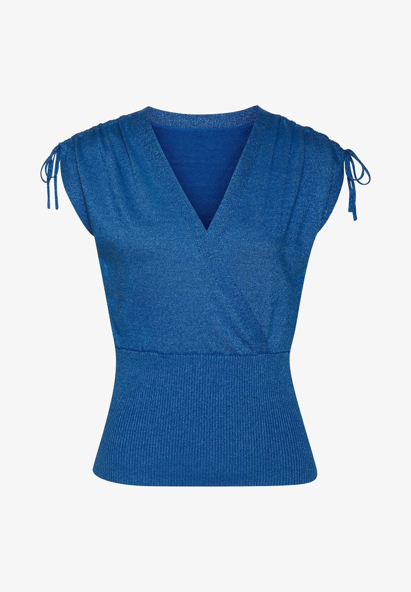 Top bleu sans manches en maille avec encolure en V, épaules froncées nouées avec des nœuds et large ceinture côtelée.