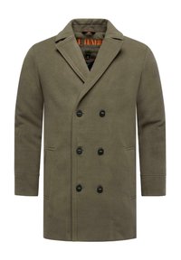 Olive zaļš dubultā krūšu mētelis, izgatavots no teksturētas auduma, ar melniem pogām, ar norādītu apkakli un sānu kabatām.