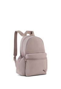 Sac à dos rose clair en nylon doux avec un dessus arrondi, des poches zippées et un logo en rose foncé. Bretelles réglables.