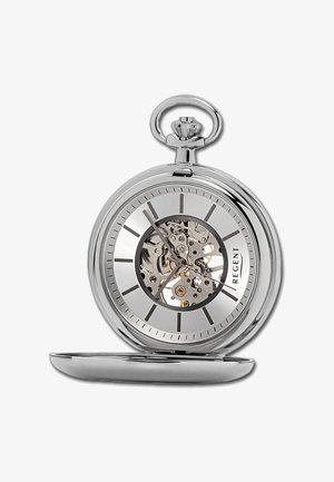 Zilveren zakhorloge met een transparante wijzerplaat, die de innerlijke mechanische beweging toont. Bevat een ronde kast en een decoratieve kroon.