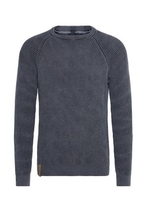 Pletený sveter s okrúhlym výstrihom v tmavomodrej farbe s textúrovaným vzorom. Má rebrované manžety a lem, a malú nášivku s logom na boku.