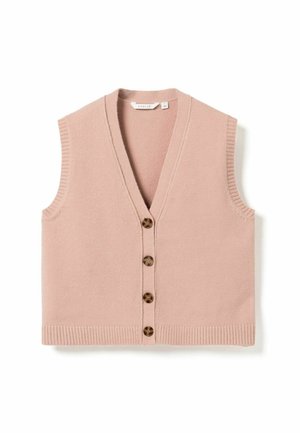 Varrukateta tolmuroosa kootud vest V-kaelusega ja nelja kilpkonnakujulise nupuga ees, värvitud servad alt ja käeaugus.