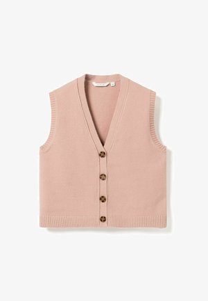 Varrukateta tolmuroosa kootud vest V-kaelusega ja nelja kilpkonnakujulise nupuga ees, värvitud servad alt ja käeaugus.