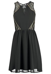 Robe noire sans manches avec panneaux en dentelle et bord doré, corsage ajusté avec décolleté en trou de serrure, et jupe froncée.