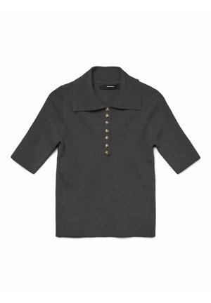 Polo shirt corto a maniche corte grigio scuro con colletto, caratterizzato da sette bottoni decorativi sulla parte anteriore e un tessuto a maglia testurizzato.