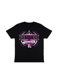 Sort bomulds t-shirt med et grafisk design. Centralt er teksten "BARD Mester af Sang" i fed lilla og hvid typografi med udsmykkede detaljer.